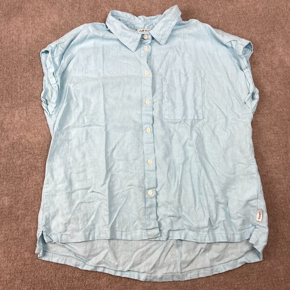 Orvis Shirt Womens Medium Light Blue Pleated Button Front Pocket Sleeveless